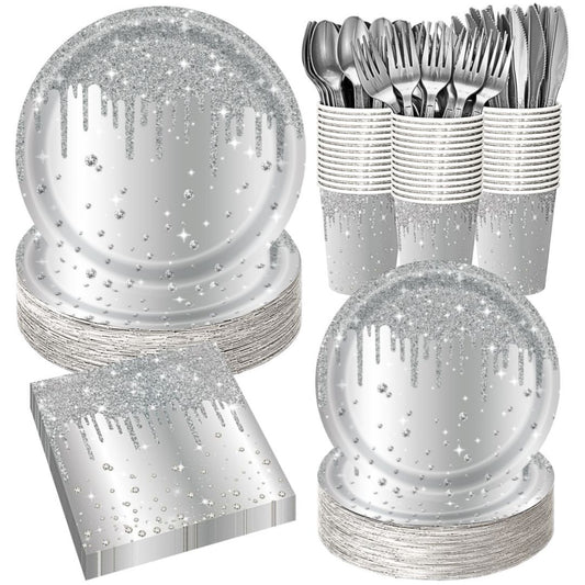 Silver Diamond Sparkle Party Tableware Set 7-Piece Set (Serves 20 People) - 140pcs Disposable Paper Plates, V888-ELOSUNG49994