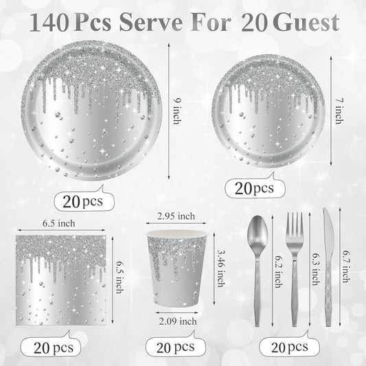 Silver Diamond Sparkle Party Tableware Set 7-Piece Set (Serves 20 People) - 140pcs Disposable Paper Plates, V888-ELOSUNG49994