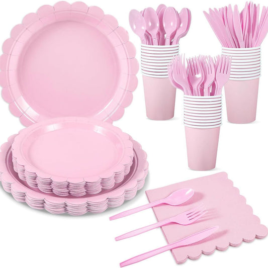 7-Piece Pink Scalloped Party Tableware Set with Floral Wavy Edges - Elegant Disposable Paper Plates 7 / 9 V888-ELOSUNG49996