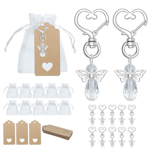 30-Piece White Guardian Angel Keychain Favor Set - Crystal Angel Wings Keyrings with Kraft Tags & Organza V888-ELOSUNG49997