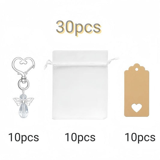 30-Piece White Guardian Angel Keychain Favor Set - Crystal Angel Wings Keyrings with Kraft Tags & Organza V888-ELOSUNG49997