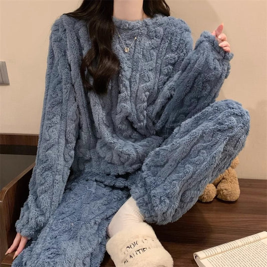 Blue Coral Fleece Jacquard Thermal Pajama Set - Autumn/Winter Fleece-Lined, Thickened, Casual Loungewear V888-ELOSUNG50027