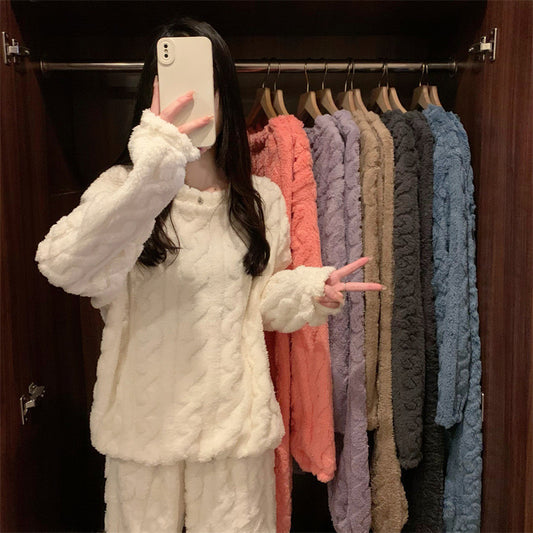 Blue Coral Fleece Jacquard Thermal Pajama Set - Autumn/Winter Fleece-Lined, Thickened, Casual Loungewear V888-ELOSUNG50027