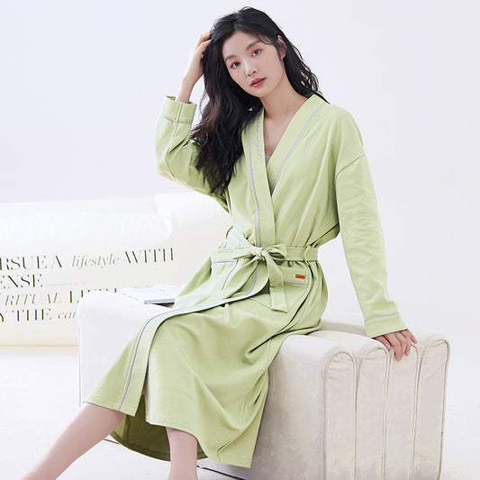 Green L size Women's Cotton Robe - Autumn/Winter Bathrobe & Morning Gown | Long Sleeve, Mid-Length, Plus Size V888-ELOSUNG50054