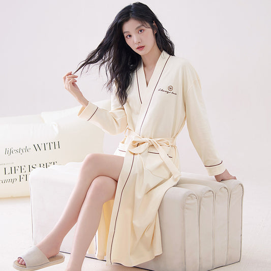 Beige L size Women's Cotton Robe - Autumn/Winter Bathrobe & Morning Gown | Long Sleeve, Mid-Length, Plus Size V888-ELOSUNG50058