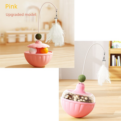 Pink 2Pcs Interactive Cat Wobble Toy Set - Dual Ball Turntable & Feeder with Feather Teaser and Catnip Ball - V888-ELOSUNG50070