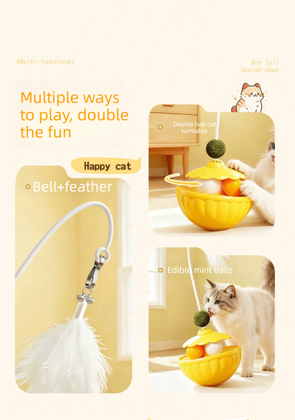 Pink 2Pcs Interactive Cat Wobble Toy Set - Dual Ball Turntable & Feeder with Feather Teaser and Catnip Ball - V888-ELOSUNG50070