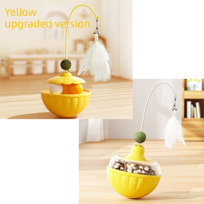 Yellow 2Pcs Interactive Cat Wobble Toy Set - Dual Ball Turntable & Feeder with Feather Teaser and Catnip Ball V888-ELOSUNG50071