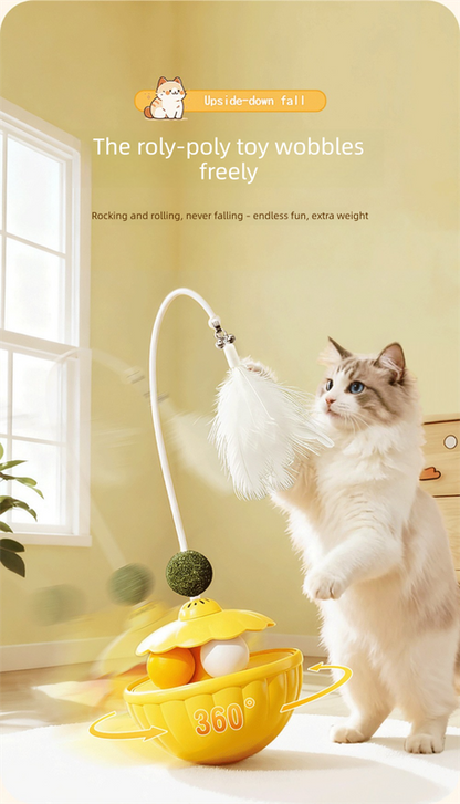 Yellow 2Pcs Interactive Cat Wobble Toy Set - Dual Ball Turntable & Feeder with Feather Teaser and Catnip Ball V888-ELOSUNG50071