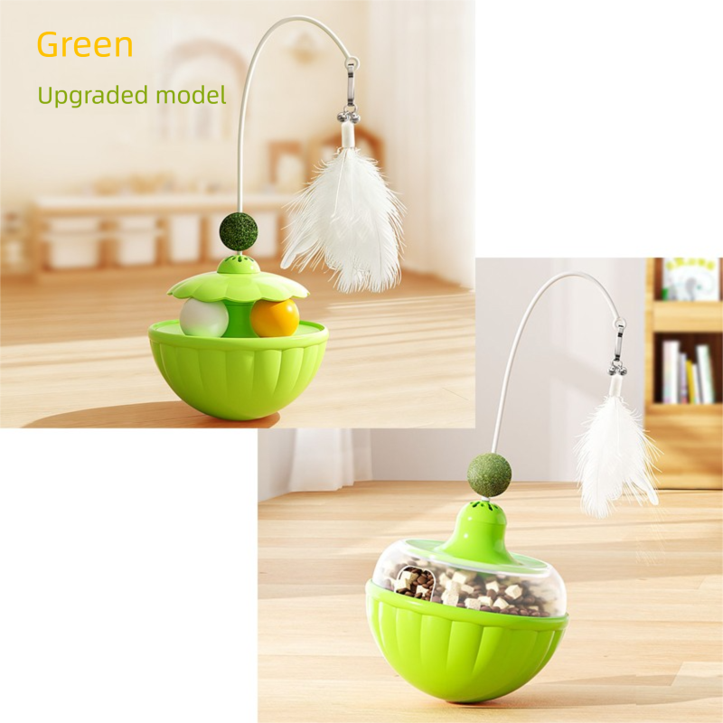 Green 2Pcs Interactive Cat Wobble Toy Set - Dual Ball Turntable & Feeder with Feather Teaser and Catnip Ball V888-ELOSUNG50072