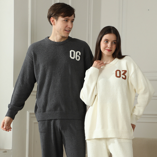 Dark Gray Men's Warm & Cozy Semi-Flannel Couple's Pajamas - Knitted Digital Pattern, Soft Fleece Fabric, V888-ELOSUNG50073