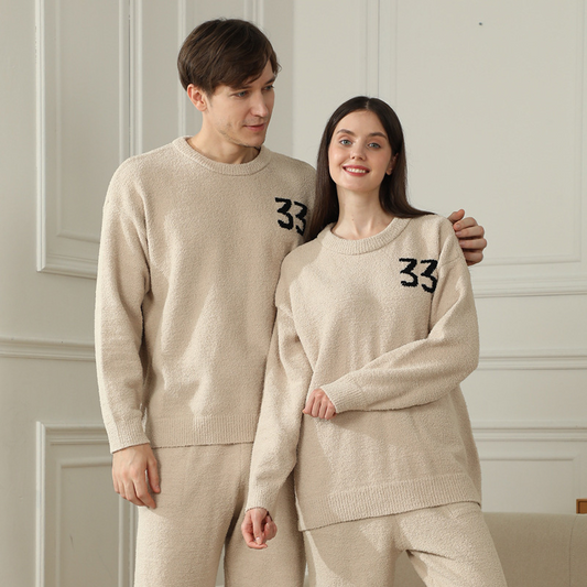 2-Piece Khaki Couples' Pajama Set - Warm & Cozy Semi-Flannel Style. Features a knitted digital pattern, soft V888-ELOSUNG50082