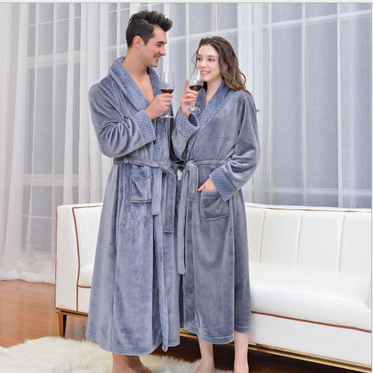 Grey M size Plush Flannel Robe for Couples - Thickened Warm Bathrobe with Shawl Collar, Soft Fleece Material, V888-ELOSUNG50084