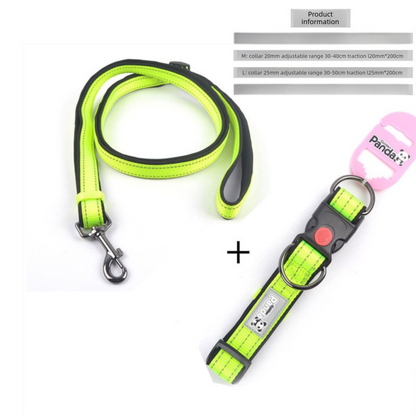 Green M size Vibrant Reflective Dog Collar and Leash Set - Adjustable Nylon Pet Harness with Comfortable V888-ELOSUNG50109
