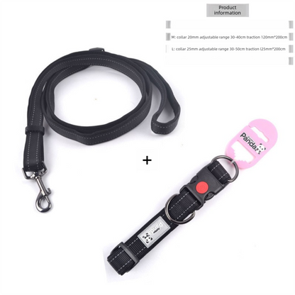 Black L size Vibrant Reflective Dog Collar and Leash Set - Adjustable Nylon Pet Harness with Comfortable V888-ELOSUNG50116