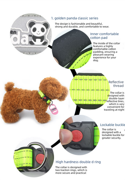 Black L size Vibrant Reflective Dog Collar and Leash Set - Adjustable Nylon Pet Harness with Comfortable V888-ELOSUNG50116