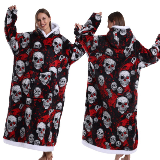 Skull Design Oversized Hooded Blanket for Adults - Ultra Soft & Warm Wearable Fleece Throw with Giant Pocket, V888-ELOSUNG50122
