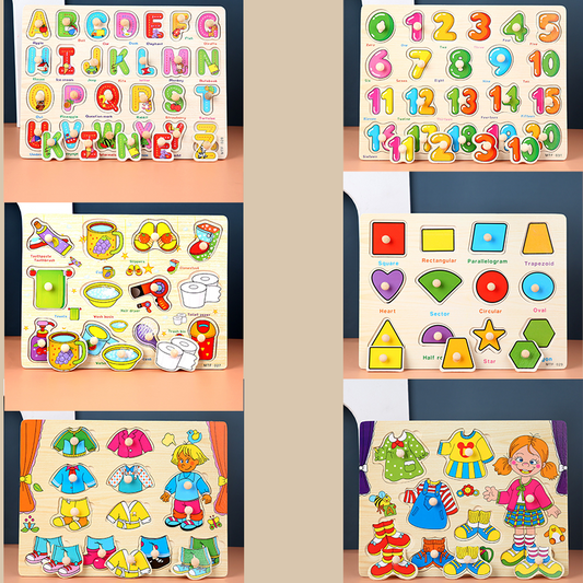 6 pce Toddler Peg Puzzle - An educational and entertaining matching toy featuring letters, numbers, shapes, V888-ELOSUNG50143