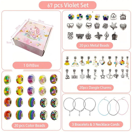 67-Piece Pink unicorn Craft Set (Includes Beads, Charms, and Storage Case) -Kids' Unicorn DIY Bracelet Kit - V888-ELOSUNG50144