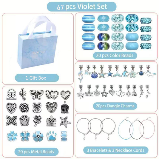67-Piece Blue Craft Set (Includes Beads, Charms, and Storage Case) -Kids' Unicorn DIY Bracelet Kit - Creative V888-ELOSUNG50145