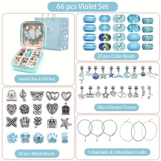 66-Piece Blue Gift Bag Craft Set (Includes Beads, Charms, and Storage Case) -Kids' Unicorn DIY Bracelet Kit - V888-ELOSUNG50152