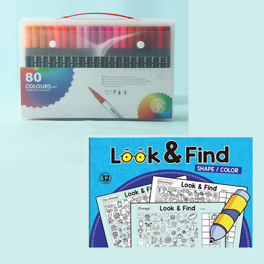 White Look and Find Activity Book with 80 Colors Dual Tip Brush Pens Set, Kids Educational Search and Find V888-ELOSUNG50193