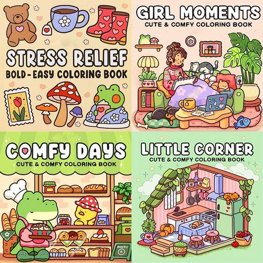 4-Pack Cute & Cozy Coloring Books for Kids, Kawaii Art Therapy Stress Relief Coloring Set with many Healing V888-ELOSUNG50194