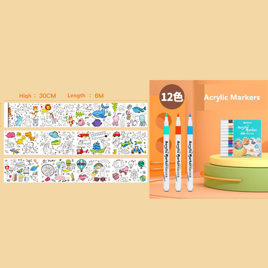 2 Piece- 6M Kids Coloring Scroll Drawing Paper and 12-Color Marker Set, Giant Doodle Art Mural for Wall, V888-ELOSUNG50209