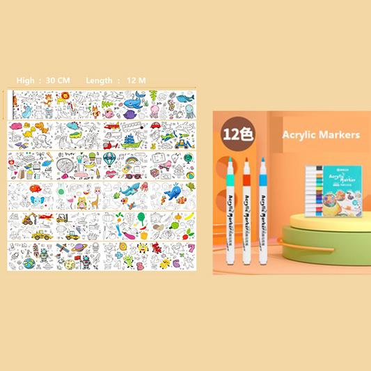 2 Piece- 12M Kids Coloring Scroll Drawing Paper and 12-Color Marker Set, Giant Doodle Art Mural for Wall, V888-ELOSUNG50210