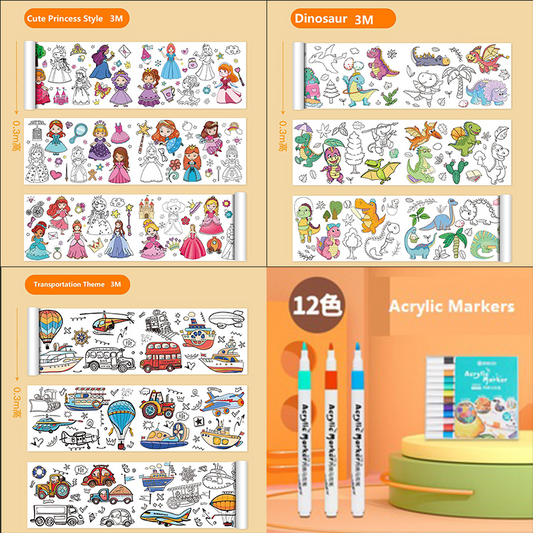 4 Piece- 3pce*3M Kids Coloring Scroll Drawing Paper and 12-Color Marker Set, Giant Doodle Art Mural for Wall, V888-ELOSUNG50211