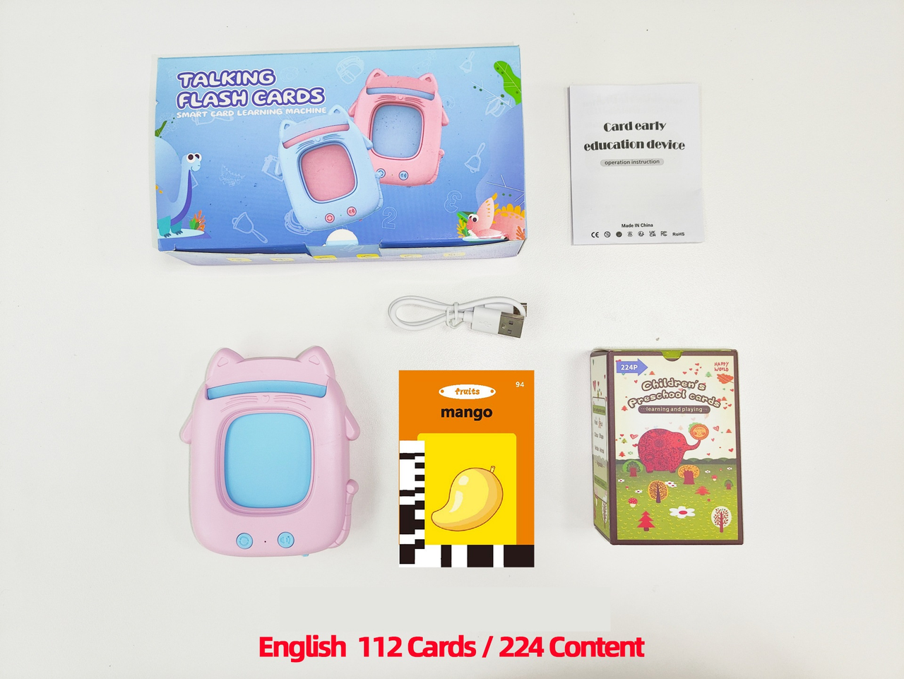 Pink Cat Talking Cards Educational Toy for Toddlers 112 Cards Audible Preschool Learning Machine Early V888-ELOSUNG50212