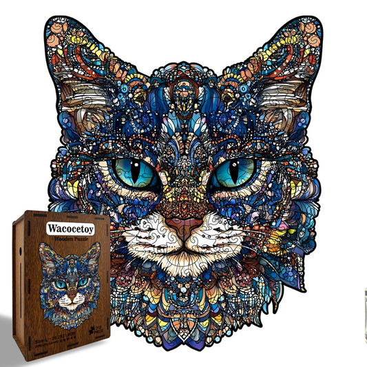 L Style Blue-Eyed Cat Wooden Jigsaw Puzzle -Irregular Animal Shaped Puzzle with DIY Piggy Bank Option, Laser V888-ELOSUNG50246