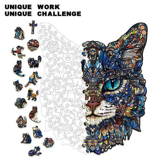 M Style Blue-Eyed Cat Wooden Jigsaw Puzzle -Irregular Animal Shaped Puzzle with DIY Piggy Bank Option, Laser V888-ELOSUNG50247