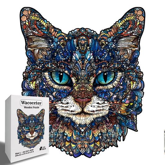 L Style Blue-Eyed Cat Wooden Jigsaw Puzzle -Irregular Animal Shaped Puzzle, Laser Cut 3D Craft, Stress Relief V888-ELOSUNG50248
