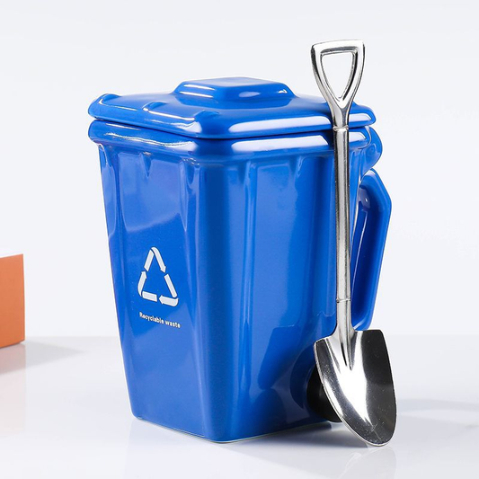 Blue Creative Trash Can Ceramic Mug with Shovel Spoon - 400ml Funny Garbage Bin Coffee Cup with Lid - Novelty V888-ELOSUNG50281