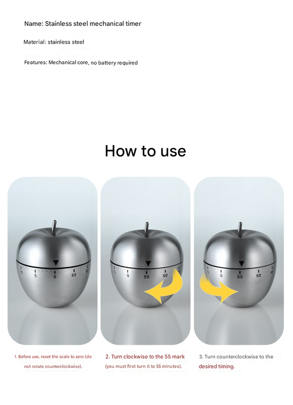 Apple Shape Stainless Steel Kitchen Timer Mechanical Cooking Timer - Wind-Up 60 Minute Countdown Timer - Loud V888-ELOSUNG50295