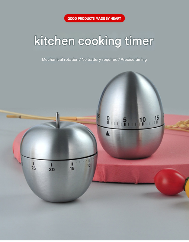 2-piece Apple and Egg Shape Stainless Steel Kitchen Timer Mechanical Cooking Timer - Wind-Up 60 Minute V888-ELOSUNG50297