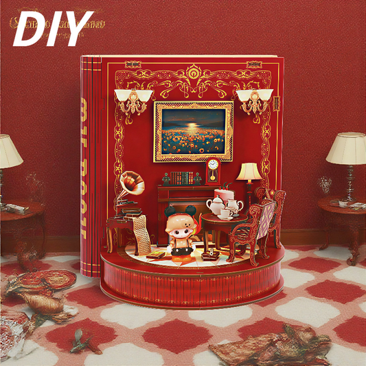 DIY Book Nook Kit Book Theater 3D Wooden Puzzle Miniature Dollhouse Bookshelf Insert with LED Light, 222 V888-ELOSUNG50316