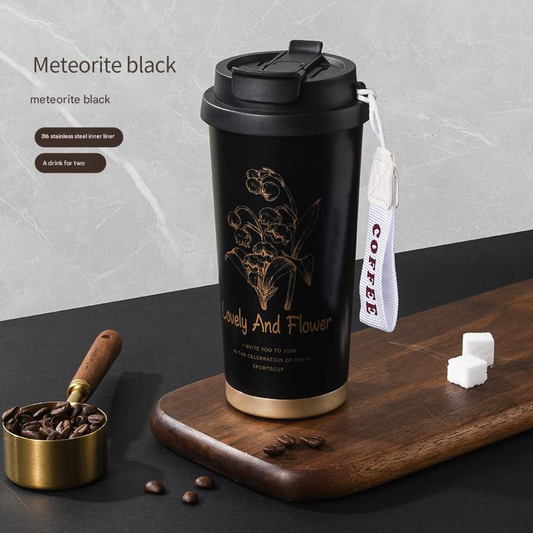 Black 316 Stainless Steel Insulated Coffee Tumbler 500ml with Dual-Use Lid, Lily of the Valley Design, V888-ELOSUNG50326