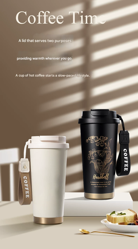 Black 316 Stainless Steel Insulated Coffee Tumbler 500ml with Dual-Use Lid, Lily of the Valley Design, V888-ELOSUNG50326