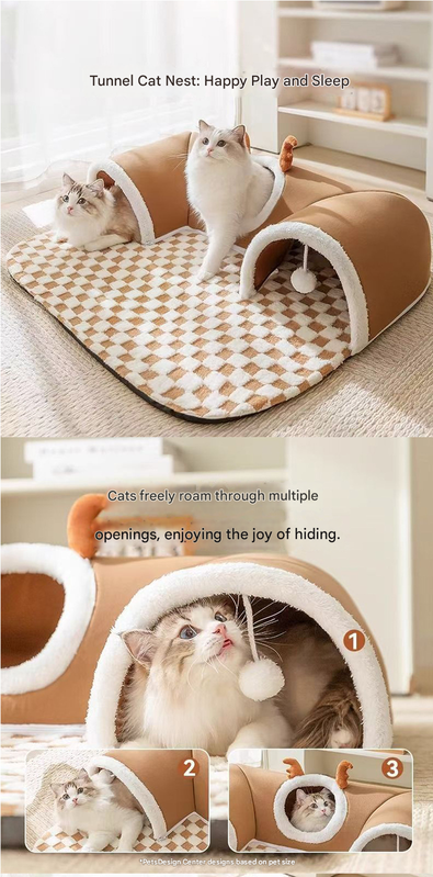 Brown M size Cat Tunnel Bed House 4-Season Universal Removable Washable U-Shaped Cat Cave with V888-ELOSUNG50328