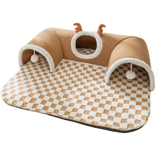 Brown L size Cat Tunnel Bed House 4-Season Universal Removable Washable U-Shaped Cat Cave with V888-ELOSUNG50329