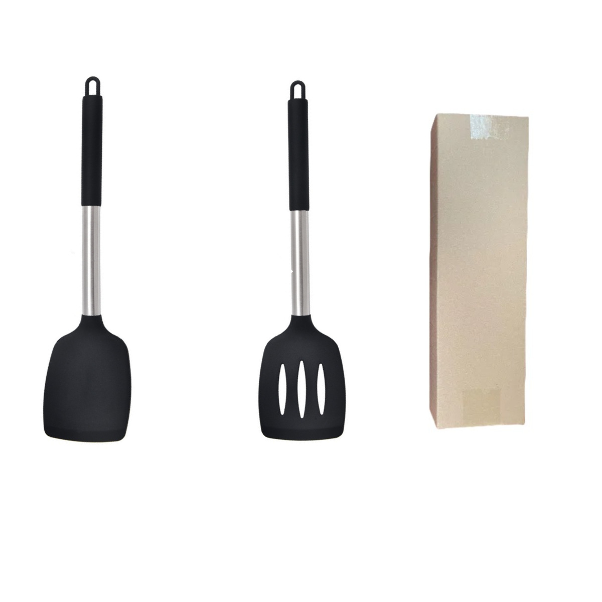 Black 2-Piece Silicone Spatula Set Slotted Turner Solid Turner Stainless Steel Handle Heat Resistant V888-ELOSUNG50361