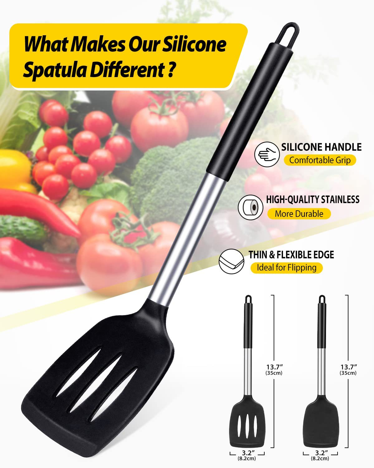 Black 2-Piece Silicone Spatula Set Slotted Turner Solid Turner Stainless Steel Handle Heat Resistant V888-ELOSUNG50361