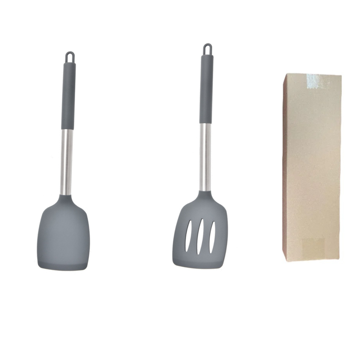 Grey 2-Piece Silicone Spatula Set Slotted Turner Solid Turner Stainless Steel Handle Heat Resistant Non-Stick V888-ELOSUNG50362