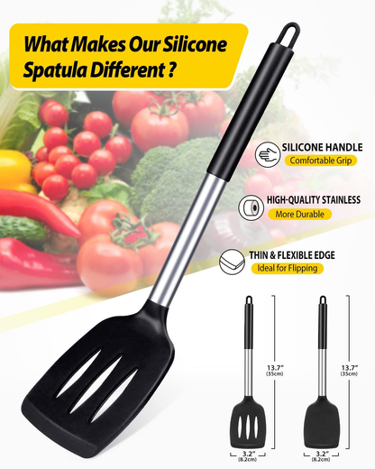 Grey 2-Piece Silicone Spatula Set Slotted Turner Solid Turner Stainless Steel Handle Heat Resistant Non-Stick V888-ELOSUNG50362