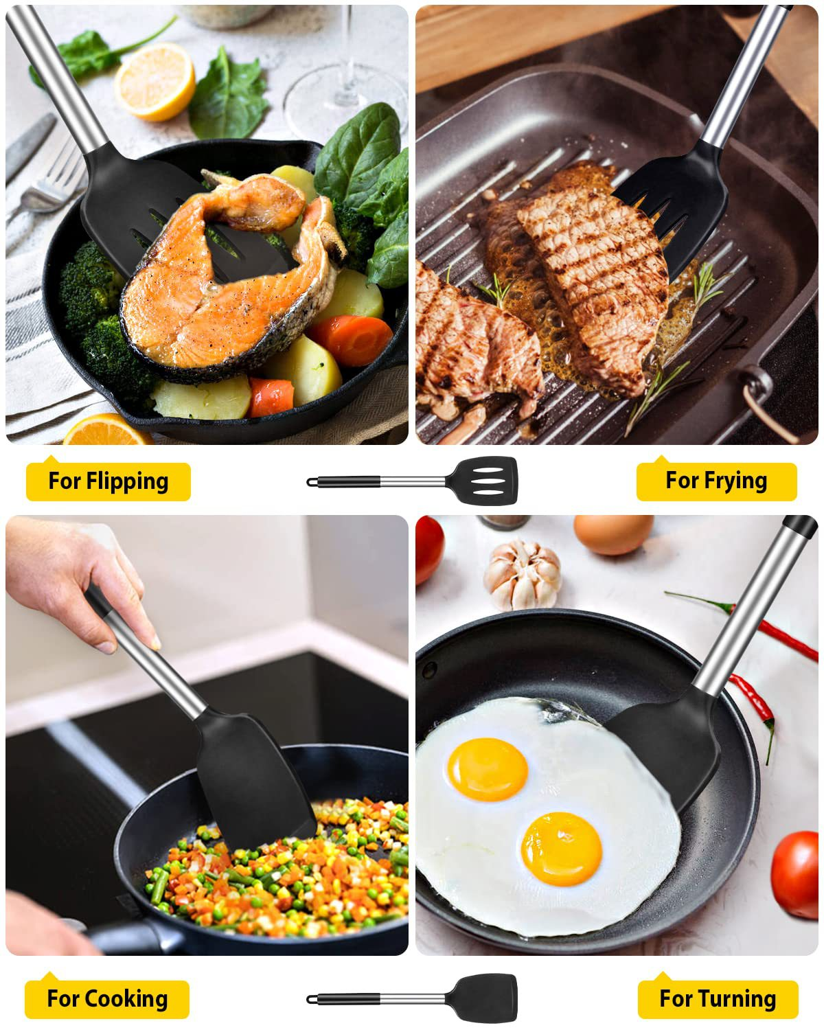 Grey 2-Piece Silicone Spatula Set Slotted Turner Solid Turner Stainless Steel Handle Heat Resistant Non-Stick V888-ELOSUNG50362