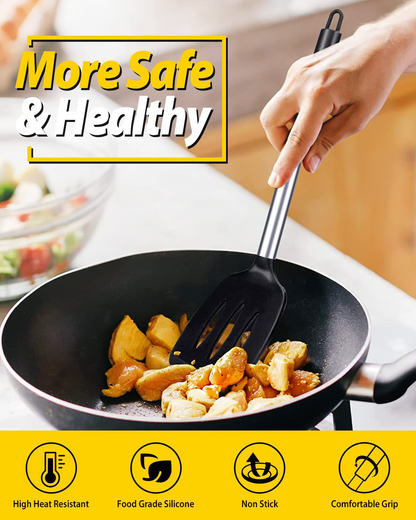 Grey 2-Piece Silicone Spatula Set Slotted Turner Solid Turner Stainless Steel Handle Heat Resistant Non-Stick V888-ELOSUNG50362