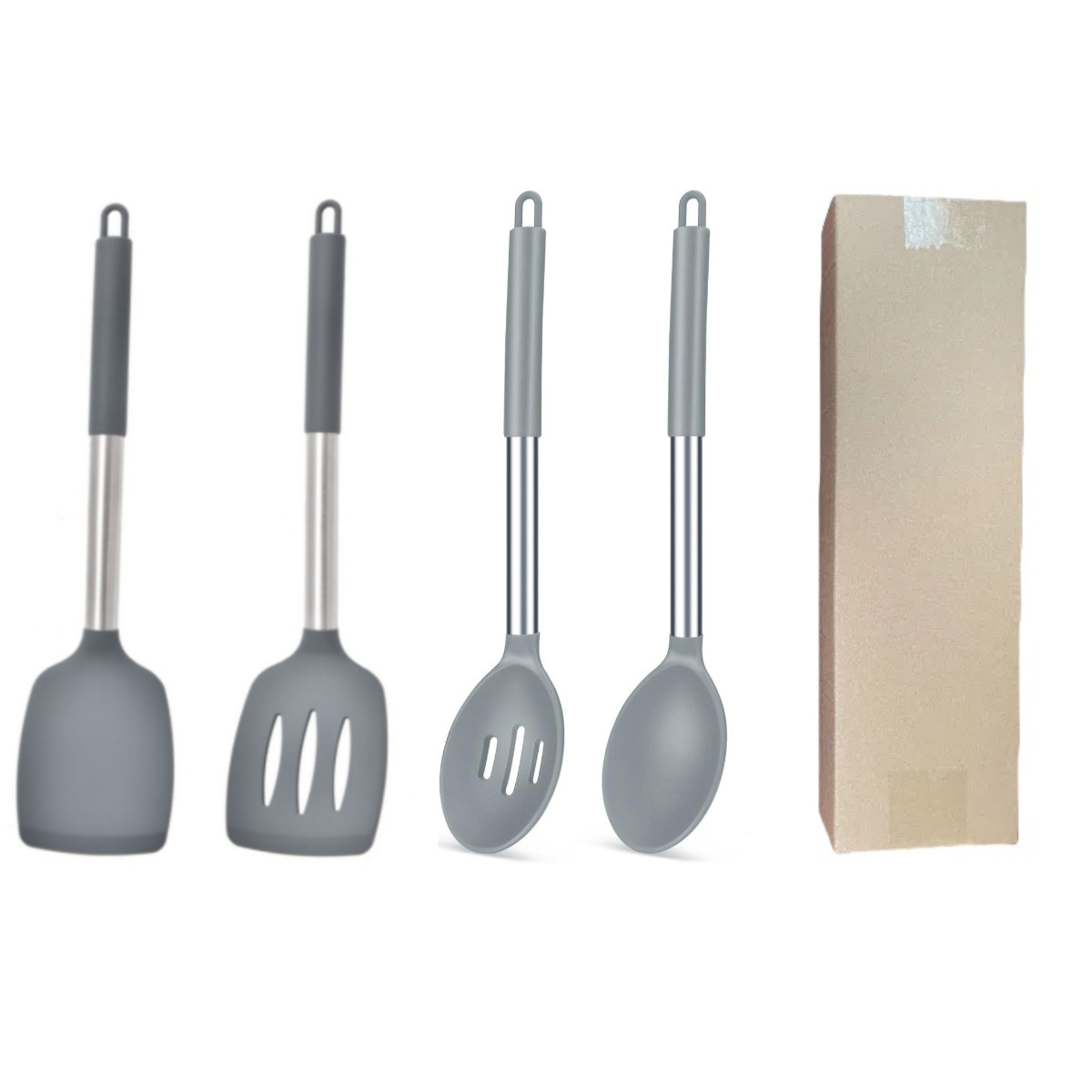 Grey 4-Piece Silicone Spatula Set Slotted Turner Solid Turner Stainless Steel Handle Heat Resistant Non-Stick V888-ELOSUNG50364