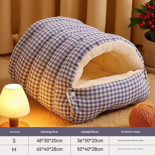 M size Blue Plaid Cat Cave Bed Winter Warm Enclosed Pet House Cozy Cat Sleeping Bag Semi-Enclosed Cat Nest V888-ELOSUNG50366